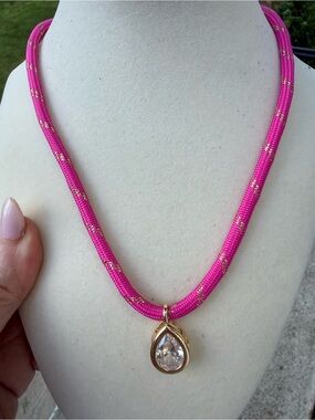 Pink Rope Necklace with Gold Teardrop Pendant